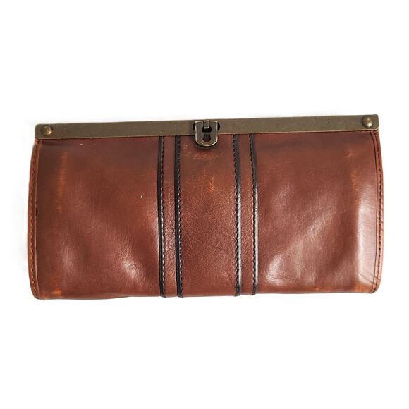 Vintage Fossil Kayla Brown Leather Accordian Clutch Wallet Academia Collegiate - Picture 1 of 6